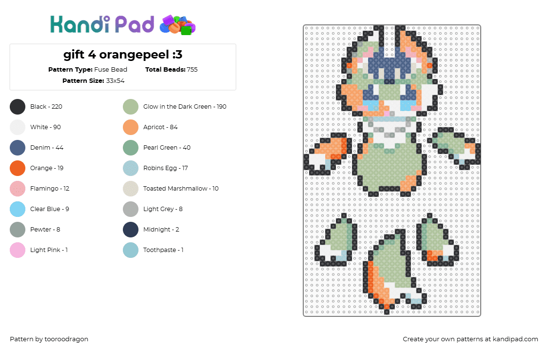 gift 4 orangepeel :3 - Fuse Bead Pattern by starcatroxi on Kandi Pad - animal,3d,character,green,orange