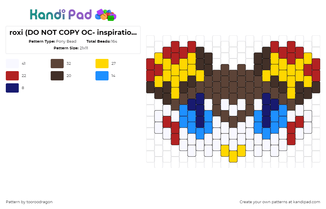 roxi (DO NOT COPY OC- inspo/shape oki!!!) - Pony Bead Pattern by tooroodragon on Kandi Pad - roxi,character,colorful,white,brown,yellow