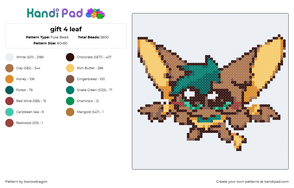 gift 4 leaf - Fuse Bead Pattern by tooroodragon on Kandi Pad - leafeon,pokemon,chibi,kawaii,tan,green