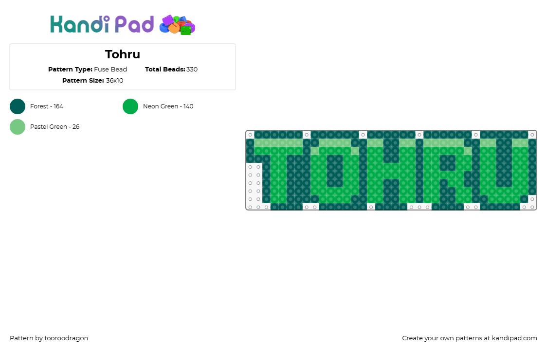 Tohru - Fuse Bead Pattern by starcatroxi on Kandi Pad - tohru,name,text,sign,green