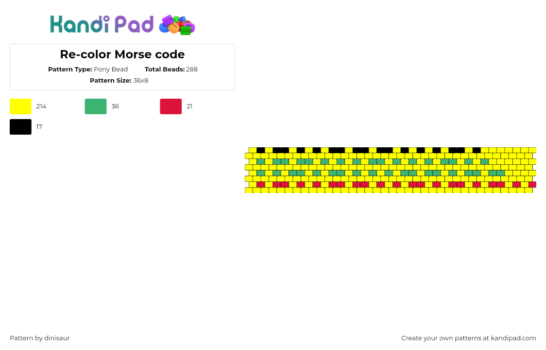 Re-color Morse code - Pony Bead Pattern by dinisaur on Kandi Pad - plur,morse code,cuff,peace,love,unity,respect,yellow,teal