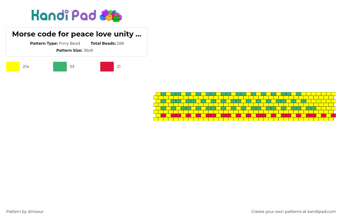 Morse code for peace love unity respect(regard) - Pony Bead Pattern by dinisaur on Kandi Pad - plur,morse code,cuff,peace,love,unity,respect,yellow,teal