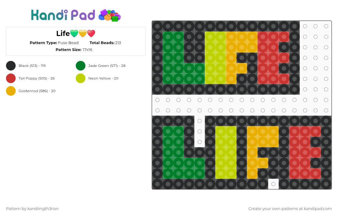 Life💚💛♥️ - Fuse Bead Pattern by kandiingth3rian on Kandi Pad - black,green