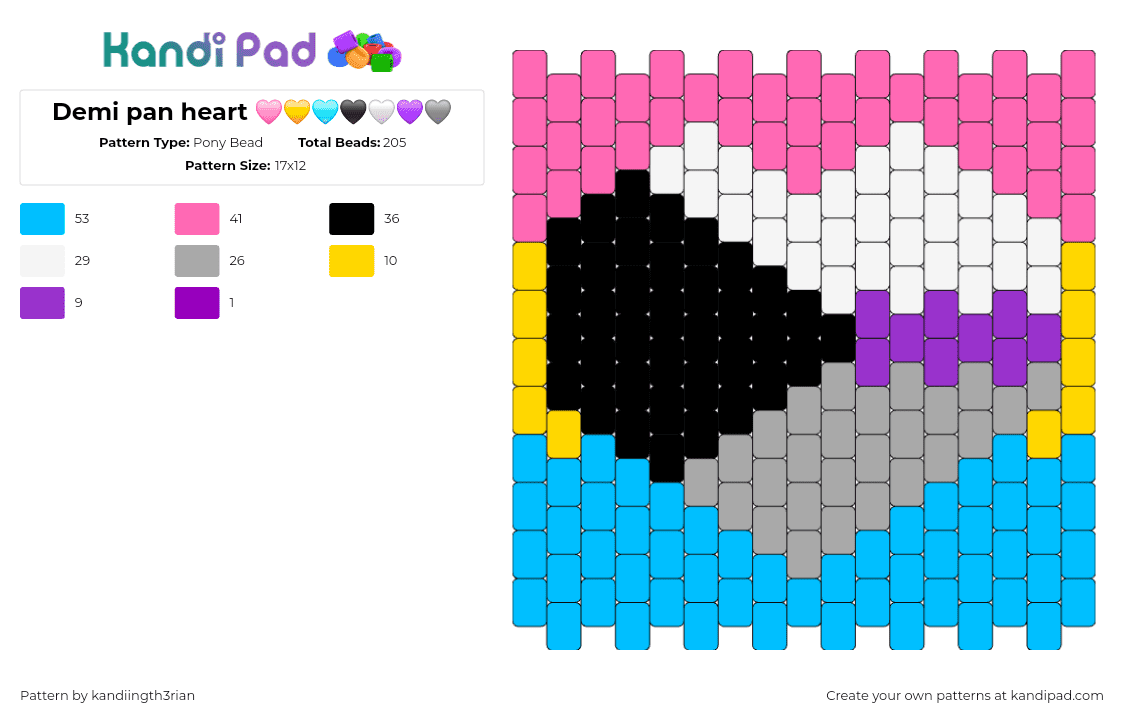 Demi pan heart  - Pony Bead Pattern by kandiingth3rian on Kandi Pad - demi,pansexual,heart,pride,colorful,panel,pink,light blue,black,gray