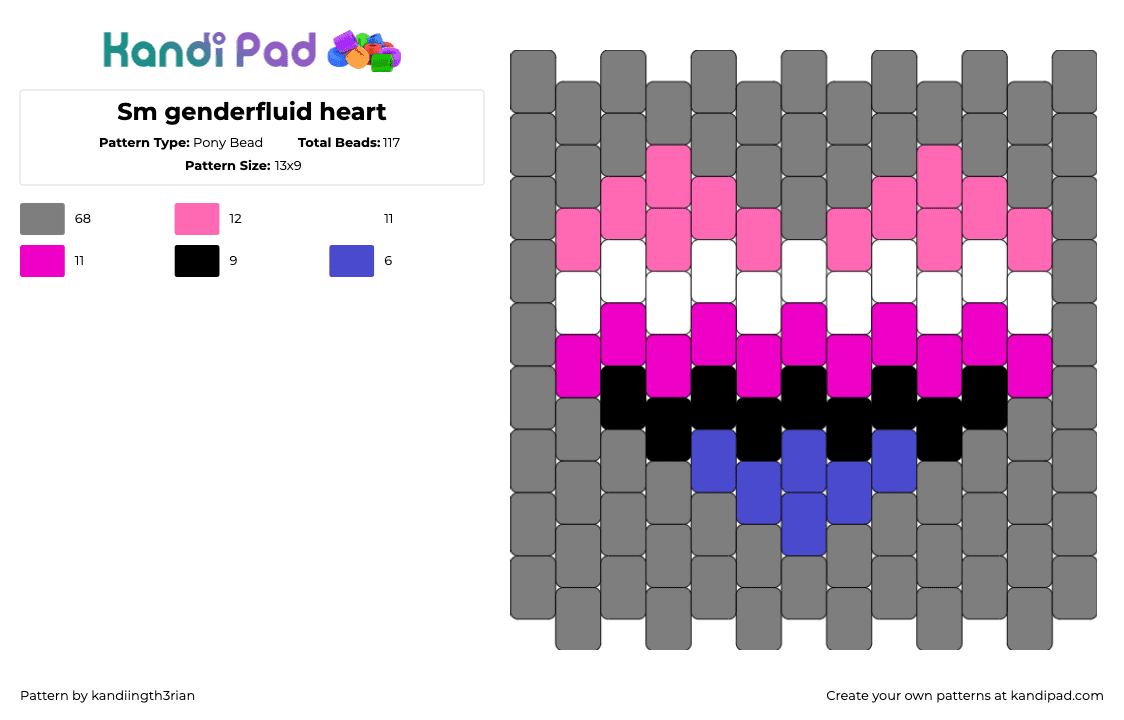 Sm genderfluid heart - Pony Bead Pattern by kandiingth3rian on Kandi Pad - genderfluid,heart,pride,pink,gray