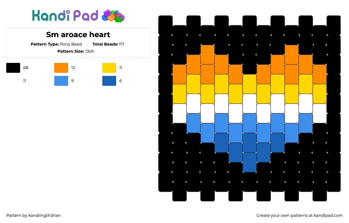 Sm aroace heart - Pony Bead Pattern by kandiingth3rian on Kandi Pad - aroace,heart,pride,black,blue,orange