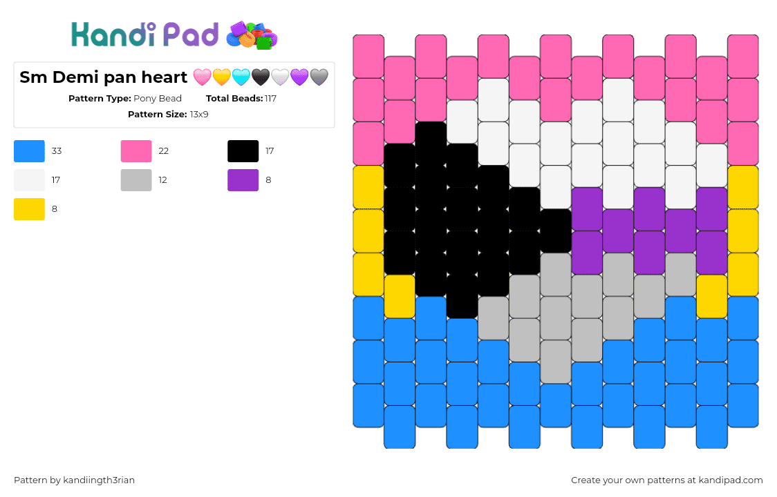 Sm Demi pan heart  - Pony Bead Pattern by kandiingth3rian on Kandi Pad - demi,pansexual,heart,pride,colorful,panel,pink,light blue,gray