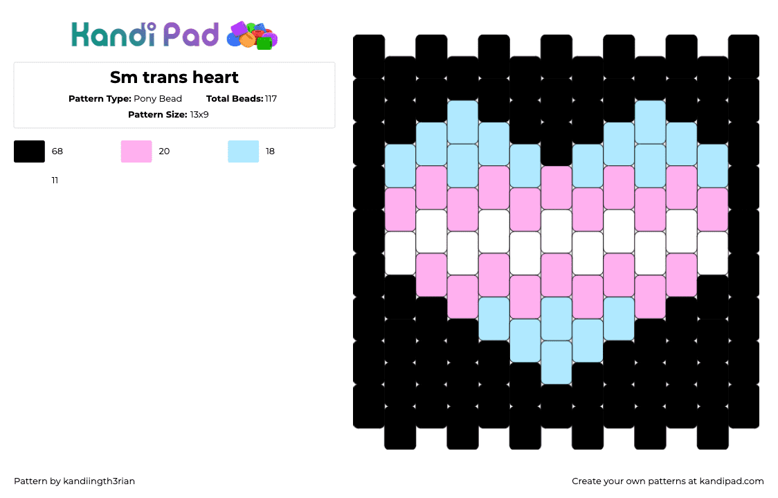 Sm trans heart - Pony Bead Pattern by kandiingth3rian on Kandi Pad - trans,heart,pride,black,pink,light blue