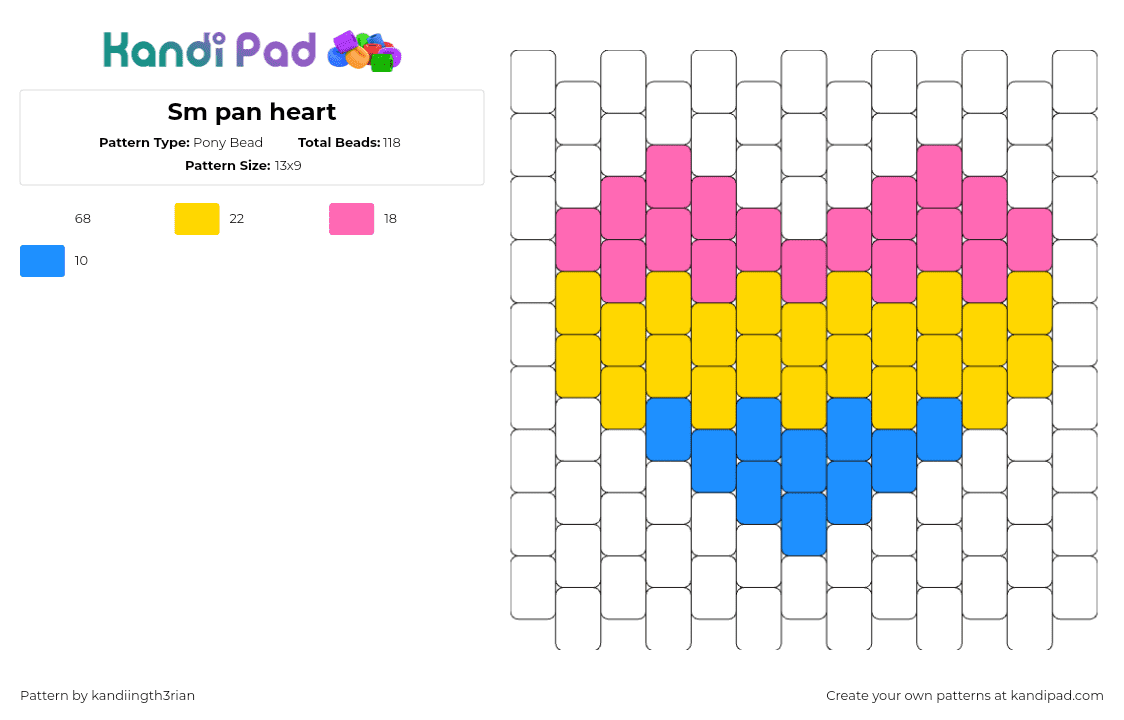 Sm pan heart - Pony Bead Pattern by kandiingth3rian on Kandi Pad - pansexual,heart,pride,white,pink,yellow,blue