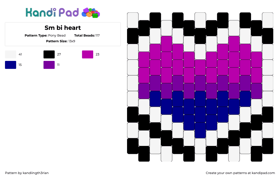 Sm bi heart - Pony Bead Pattern by kandiingth3rian on Kandi Pad - bisexual,heart,pride,purple,white