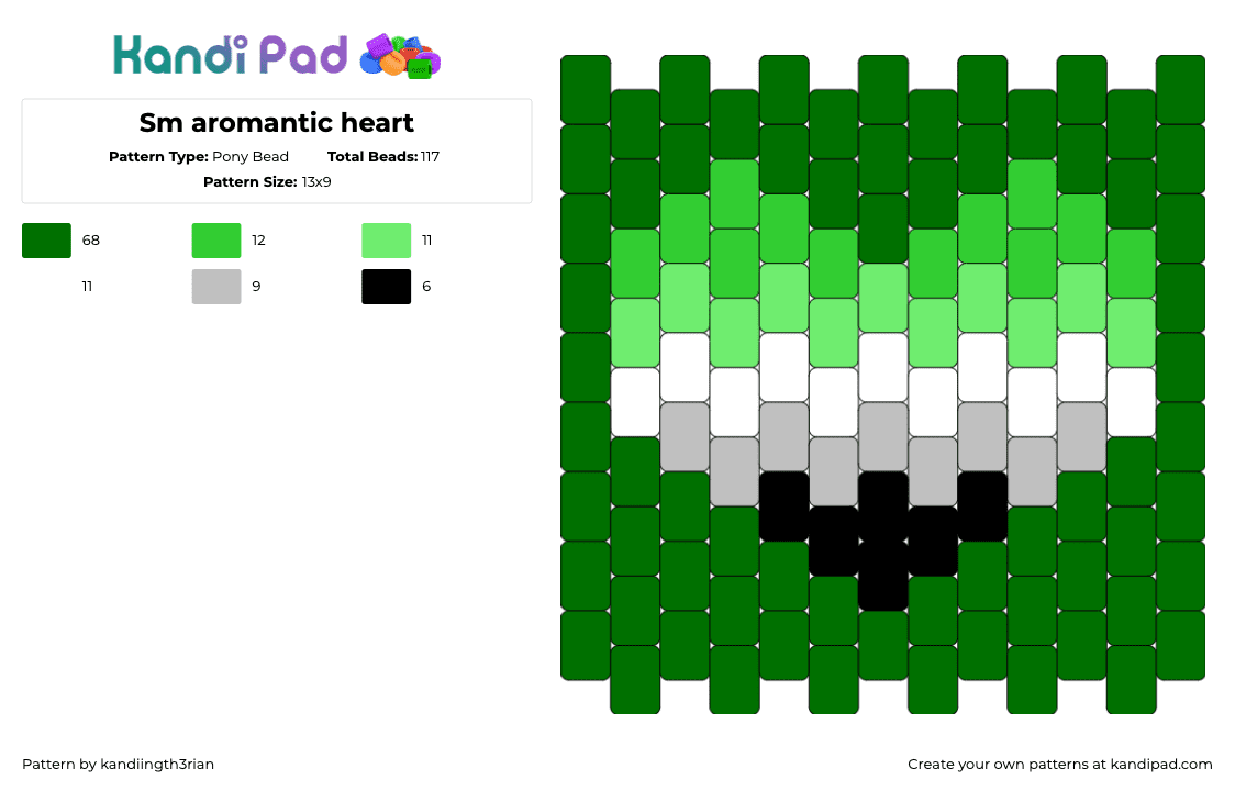 Sm aromantic heart - Pony Bead Pattern by kandiingth3rian on Kandi Pad - aromantic,heart,pride,green,gray