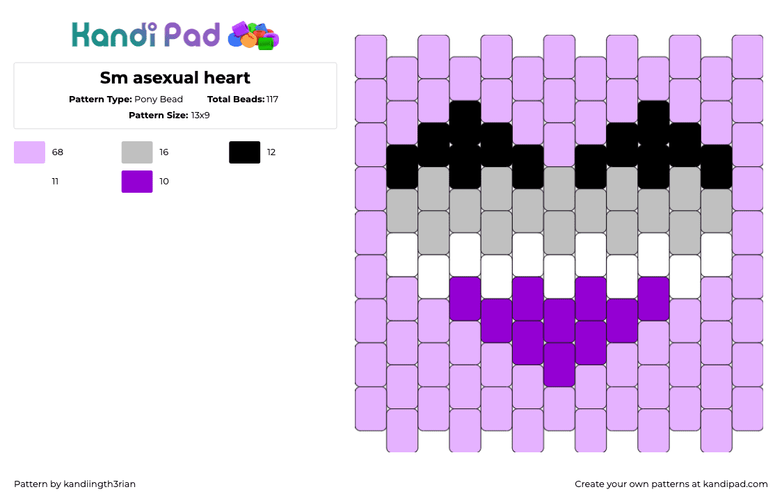 Sm asexual heart - Pony Bead Pattern by kandiingth3rian on Kandi Pad - asexual,heart,pride,pastel,purple,gray