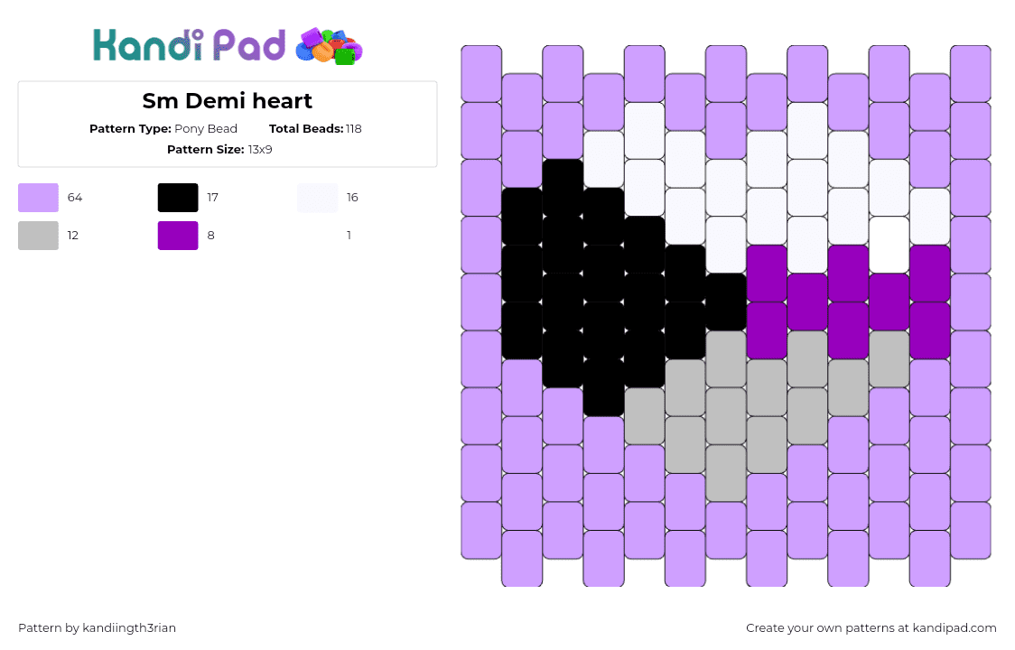 Sm Demi heart - Pony Bead Pattern by kandiingth3rian on Kandi Pad - demisexual,heart,pride,white,purple,gray,black