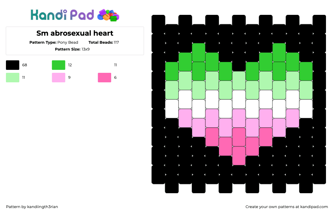 Sm abrosexual heart - Pony Bead Pattern by kandiingth3rian on Kandi Pad - abrosecual,heart,pride,black,pink,green