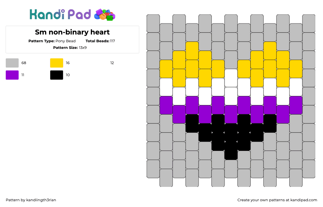 Sm non-binary heart - Pony Bead Pattern by kandiingth3rian on Kandi Pad - nonbinary,heart,pride,yellow,gray,purple