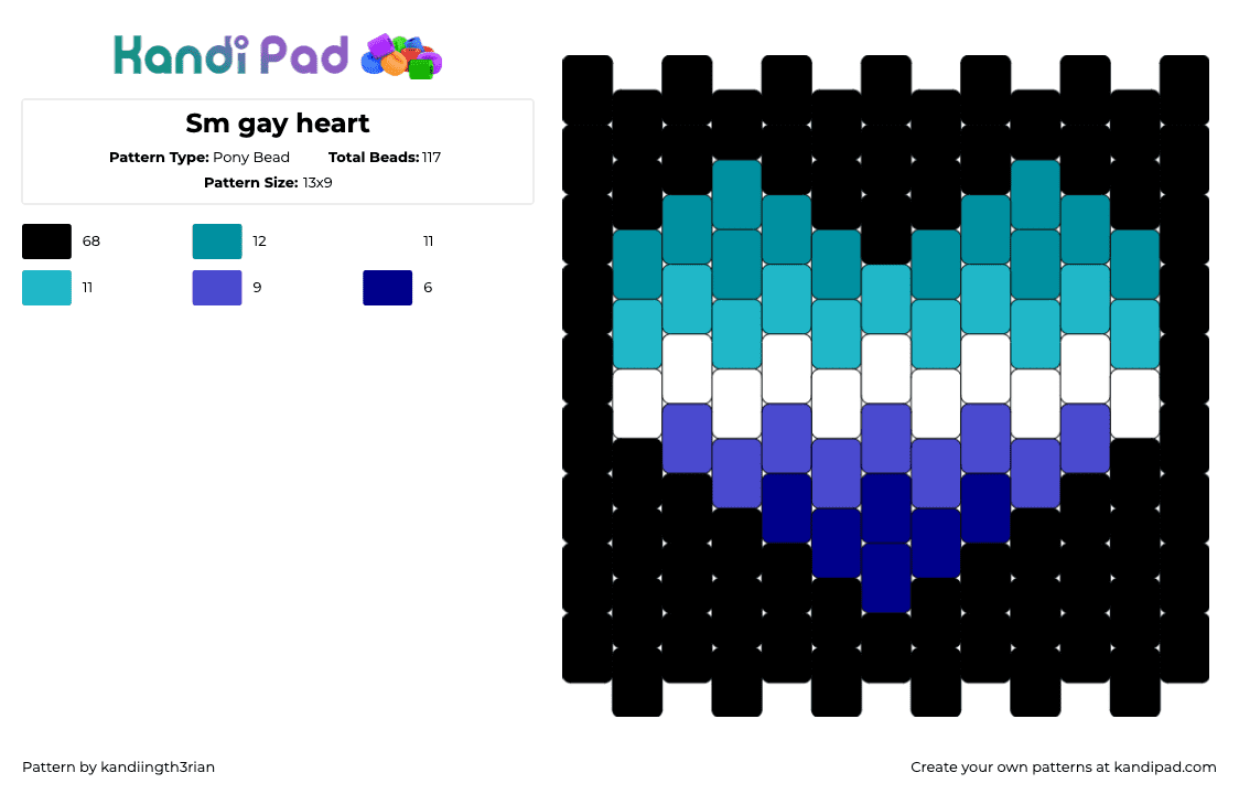 Sm gay heart - Pony Bead Pattern by kandiingth3rian on Kandi Pad - gay,heart,pride,black,teal,blue