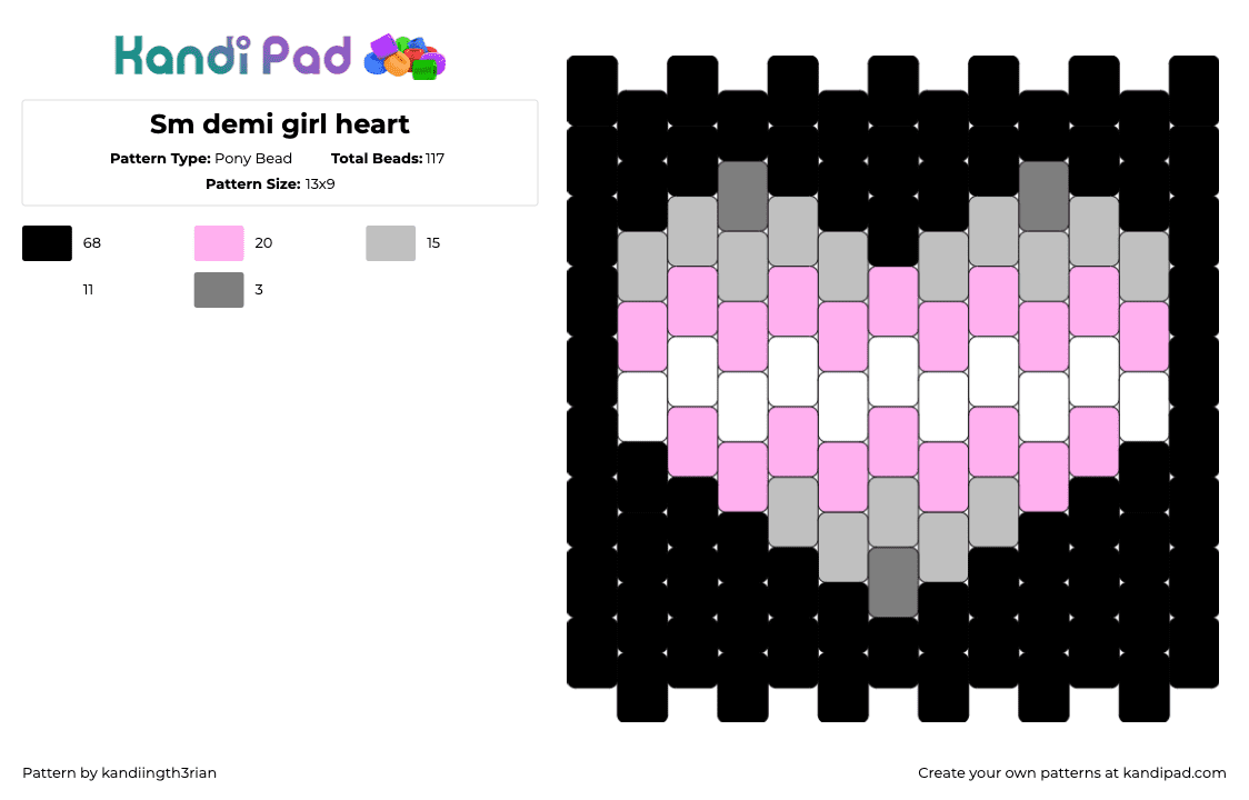 Sm demi girl heart - Pony Bead Pattern by kandiingth3rian on Kandi Pad - demigirl,heart,pride,black,pink,gray