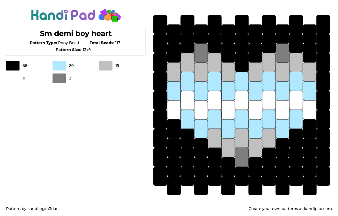 Sm demi boy heart - Pony Bead Pattern by kandiingth3rian on Kandi Pad - demiboy,heart,pride,black,light blue,gray