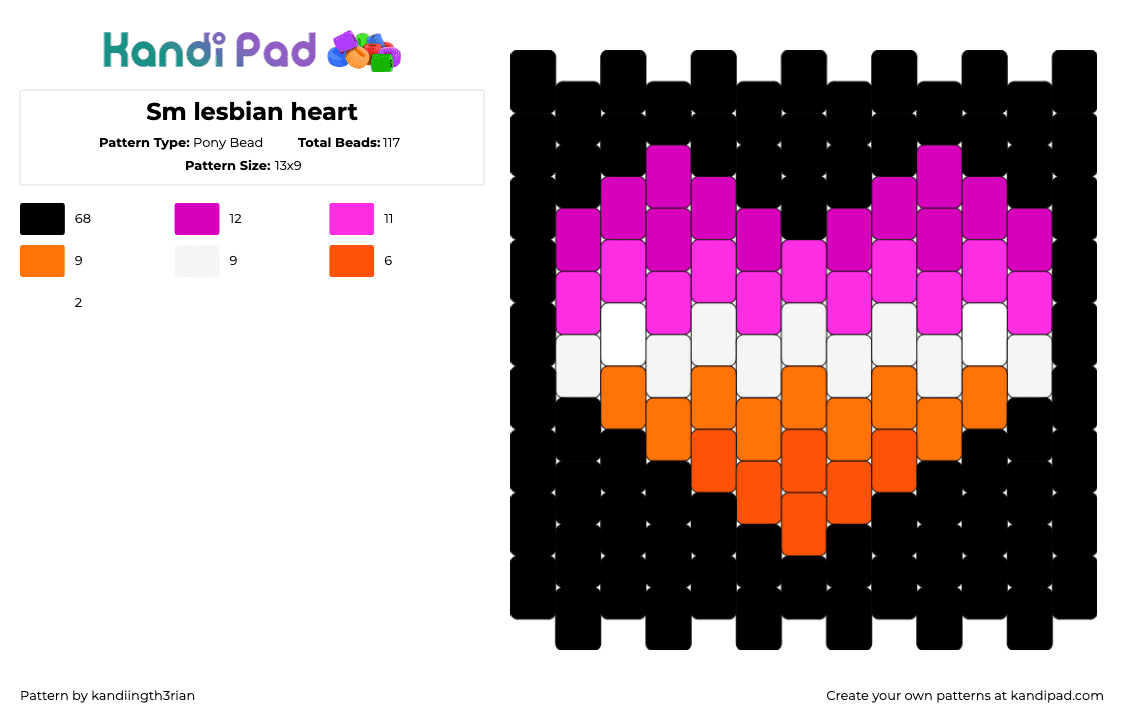 Sm lesbian heart - Pony Bead Pattern by kandiingth3rian on Kandi Pad - lesbian,heart,pride,black,pink,orange