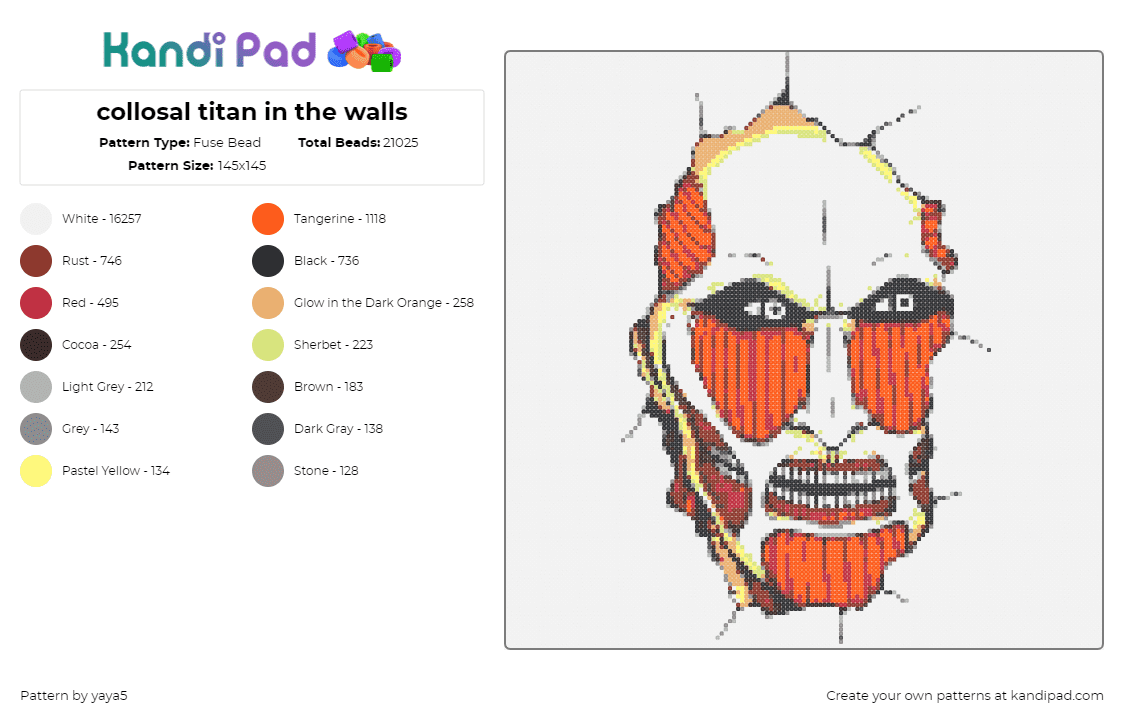 collosal titan in the walls - Fuse Bead Pattern by yaya5 on Kandi Pad - colossal,attack on titan,anime,scary,creepy,shatter,muscles,head,teeth,white,beige,red,orange