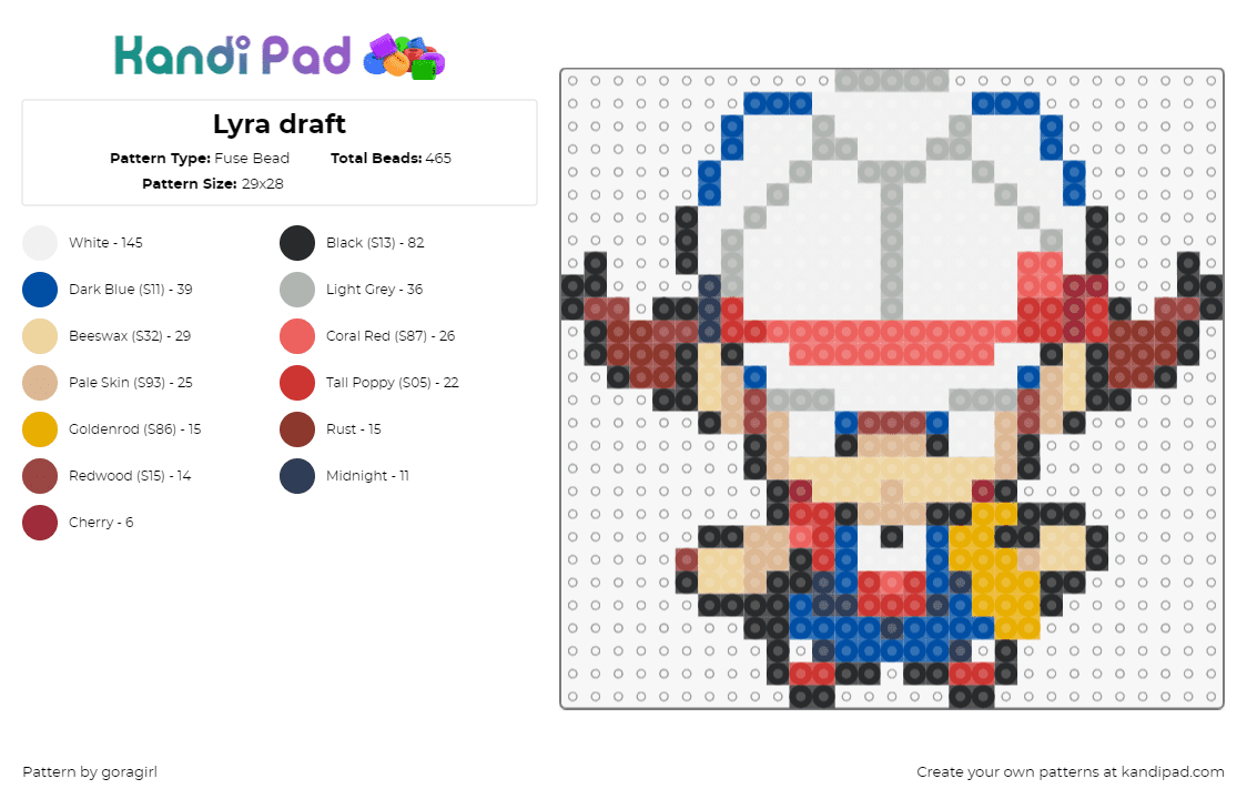 Lyra draft - Fuse Bead Pattern by goragirl on Kandi Pad - lyra,pokemon,character,trainer,gaming,white,blue