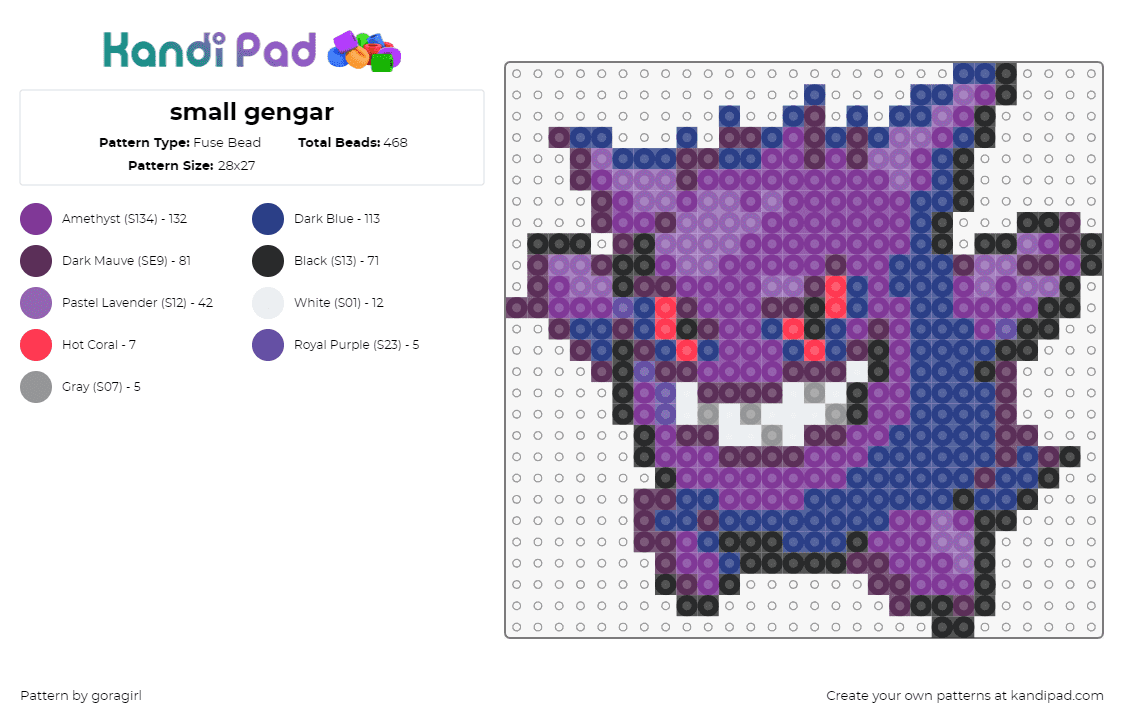 small gengar - Fuse Bead Pattern by goragirl on Kandi Pad - gengar,pokemon,character,evolution,gaming,purple