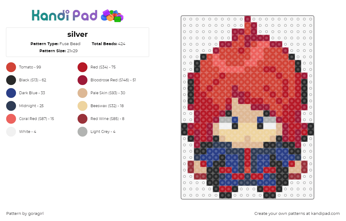 silver - Fuse Bead Pattern by goragirl on Kandi Pad - silver,rival,pokemon,character,trainer,gaming,red,blue