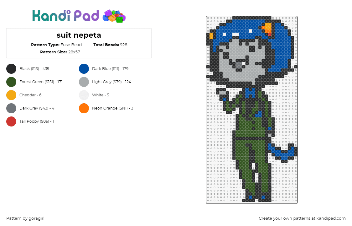 suit nepeta - Fuse Bead Pattern by goragirl on Kandi Pad - nepeta leijon,homestuck,character,horns,animation,tv show,green,blue,gray