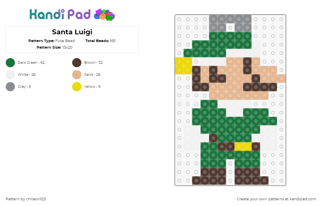 Santa Luigi - Fuse Bead Pattern by chilasin123 on Kandi Pad - elf,luigi,santa,ornament,nintendo,video game,mario,holiday,festive,christmas,green,tan