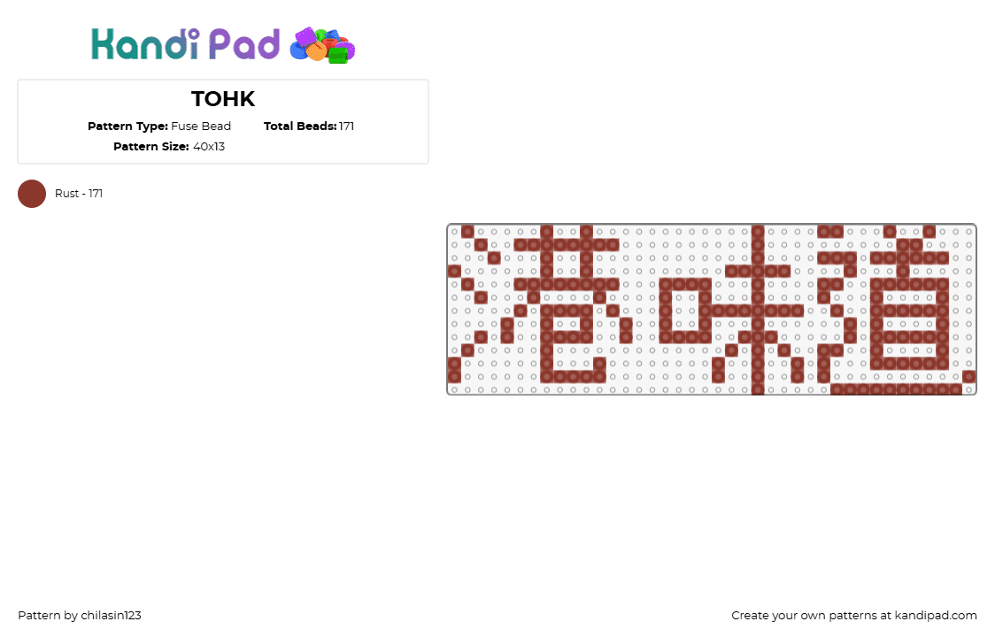 TOHK - Fuse Bead Pattern by chilasin123 on Kandi Pad - tohk,text,characters,red