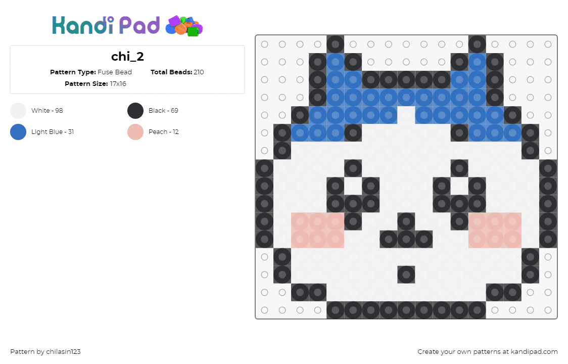 chi_2 - Fuse Bead Pattern by chilasin123 on Kandi Pad - hachiware,chiikawa,manga,character,kawaii,chibi,cute,head,blush,white,blue