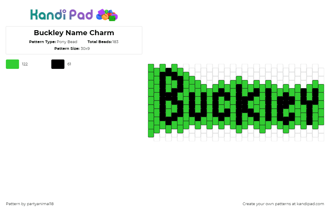 Buckley Name Charm - Pony Bead Pattern by partyanimal18 on Kandi Pad - buckley,name,text,green,black