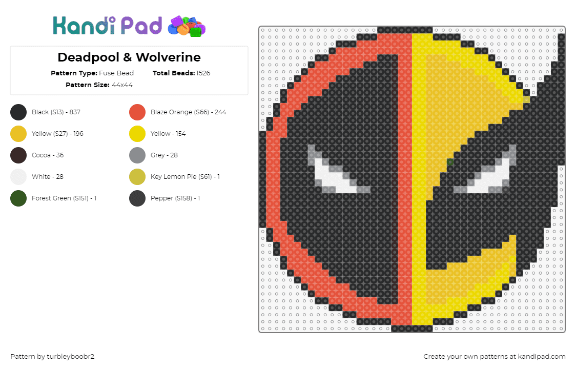 Deadpool & Wolverine - Fuse Bead Pattern by turbleyboobr2 on Kandi Pad - deadpool,wolverine,mashup,movie,comic,marvel,superhero,red,yellow,black