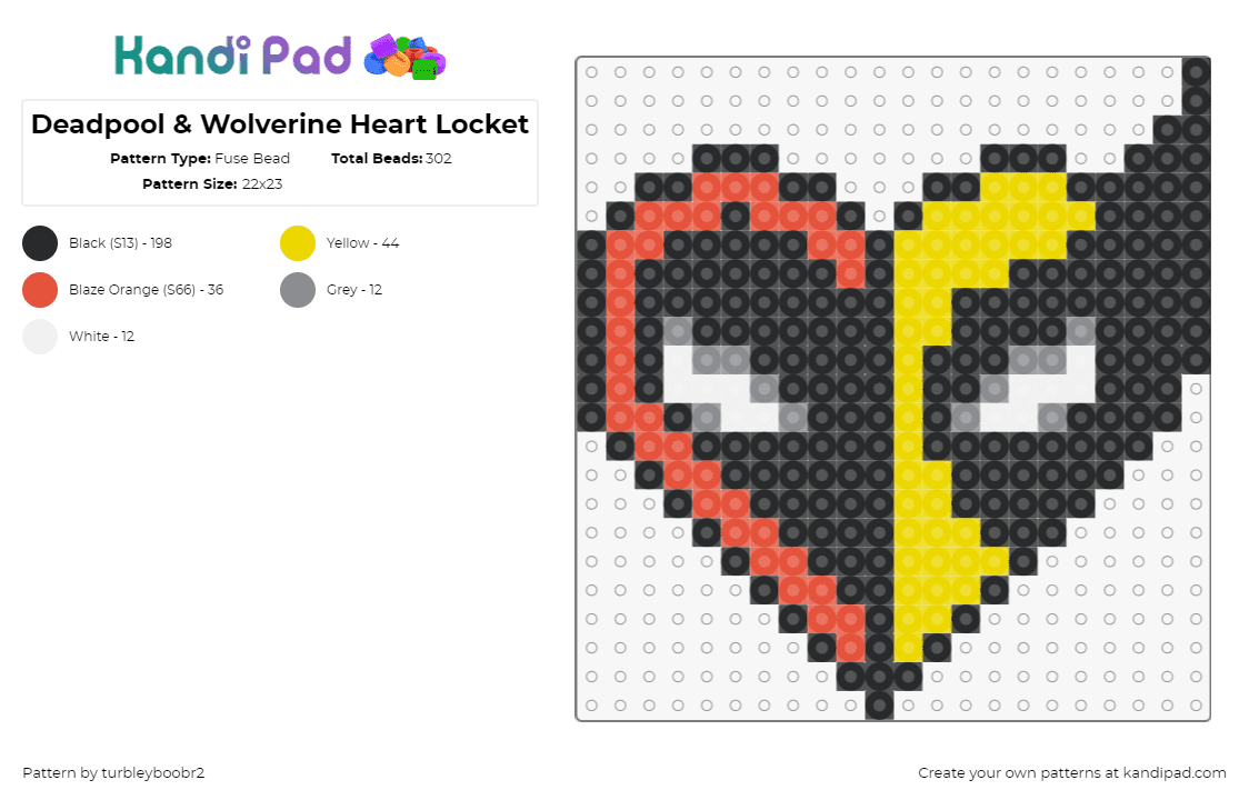 Deadpool & Wolverine Heart Locket - Fuse Bead Pattern by turbleyboobr2 on Kandi Pad - deadpool,wolverine,mashup,movie,comic,heart,marvel,superhero,red,yellow,black