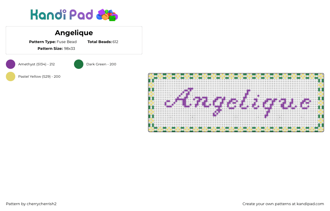 Angelique - Fuse Bead Pattern by cherrycherrish2 on Kandi Pad - angelique,name,sign,text,cursive,border,purple,green