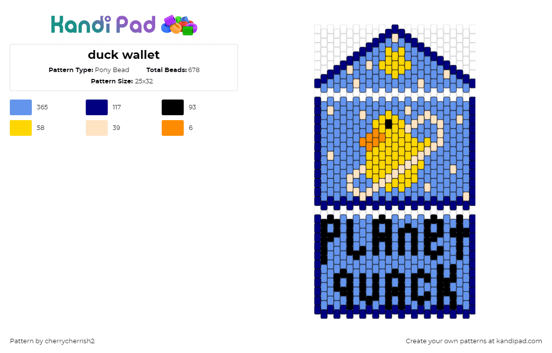 duck wallet - Pony Bead Pattern by cherrycherrish2 on Kandi Pad - duck,space,planet quack,text,wallet,bag,blue,yellow