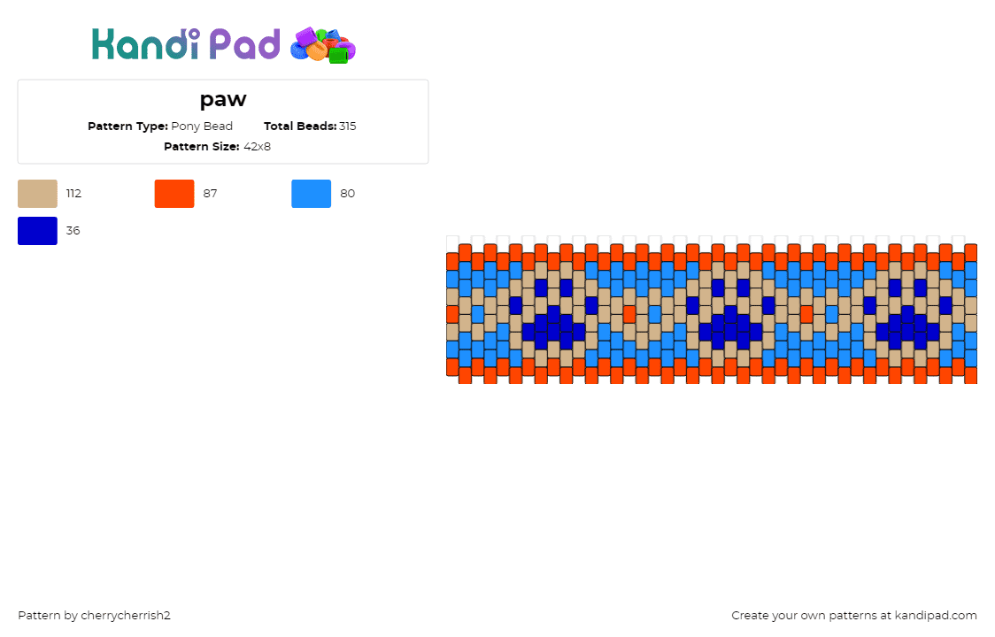 paw - Pony Bead Pattern by cherrycherrish2 on Kandi Pad - paw prints,repeating,animal,dog,cat,cuff,blue,orange