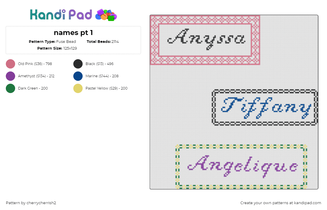 names pt 1 - Fuse Bead Pattern by cherrycherrish2 on Kandi Pad - names,signs,text,cursive,borders,pink,yellow,black,blue