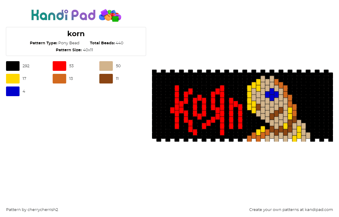 korn - Pony Bead Pattern by cherrycherrish2 on Kandi Pad - korn,issues,band,album,music,cuff,logo,voodoo doll,black,red,tan