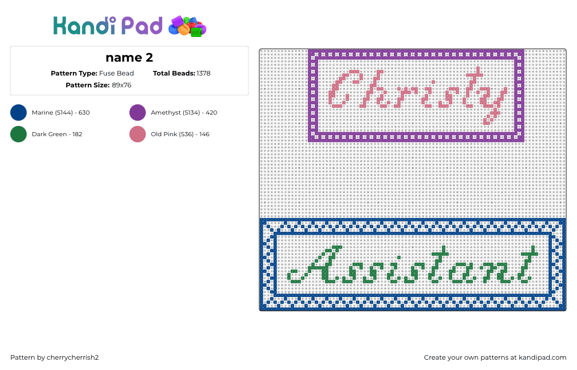 name 2 - Fuse Bead Pattern by cherrycherrish2 on Kandi Pad - names,signs,text,cursive,borders,pink,purple,green,blue