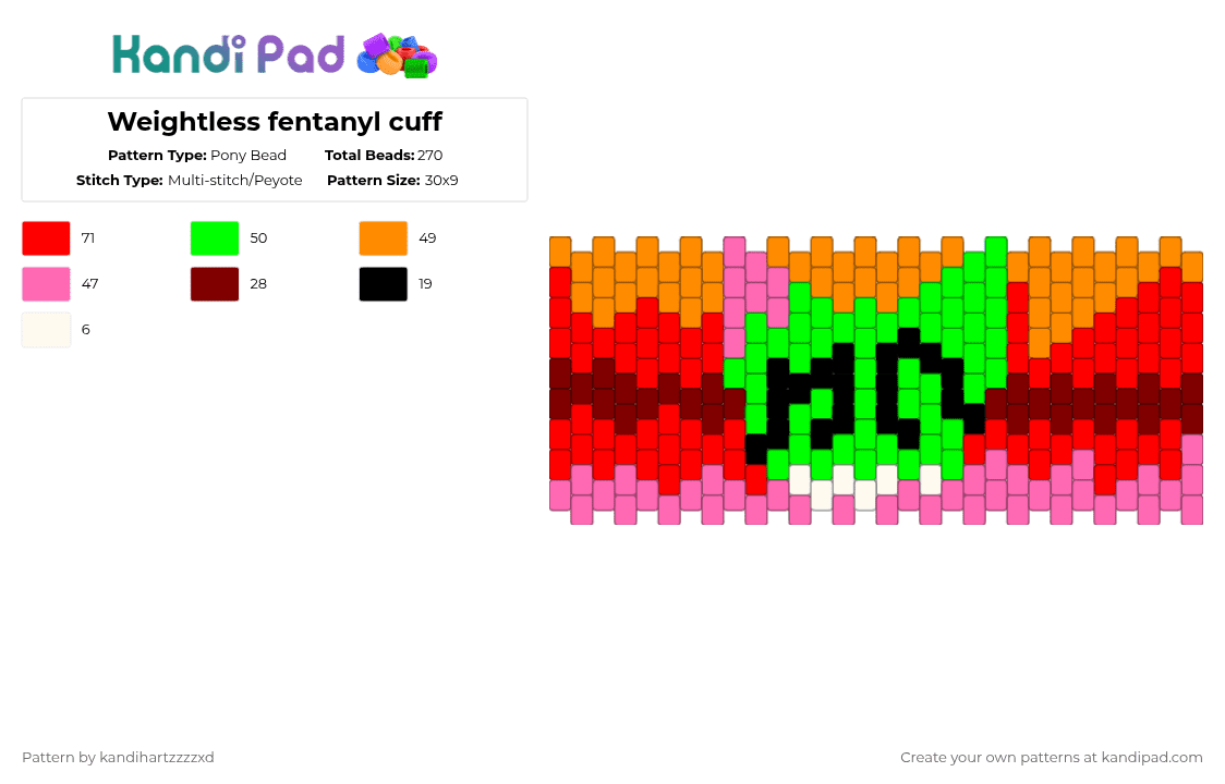 Weightless fentanyl cuff - Pony Bead Pattern by kandihartzzzzxd on Kandi Pad - pink,green,orange,red