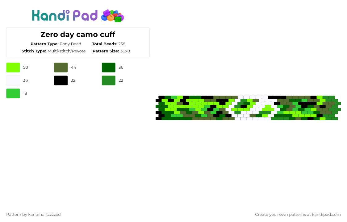 Zero day camo cuff - Pony Bead Pattern by kandihartzzzzxd on Kandi Pad - green