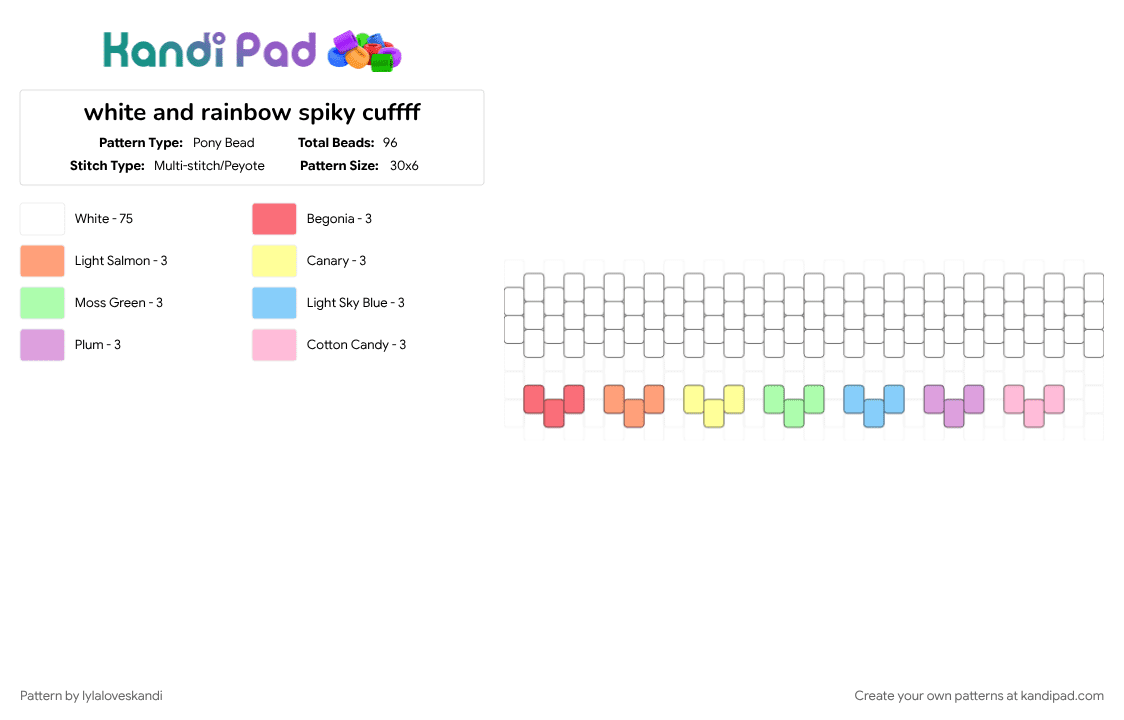 white and rainbow spiky cuffff - Pony Bead Pattern by lylaloveskandi on Kandi Pad - cotdspiky, pink, white