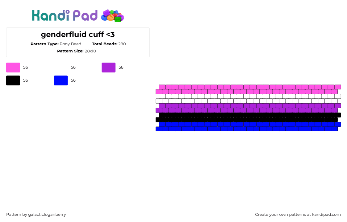 genderfluid cuff <3 - Pony Bead Pattern by galacticloganberry on Kandi Pad - genderfluid,pride,horizontal,stripes,cuff,community,pink,blue,purple