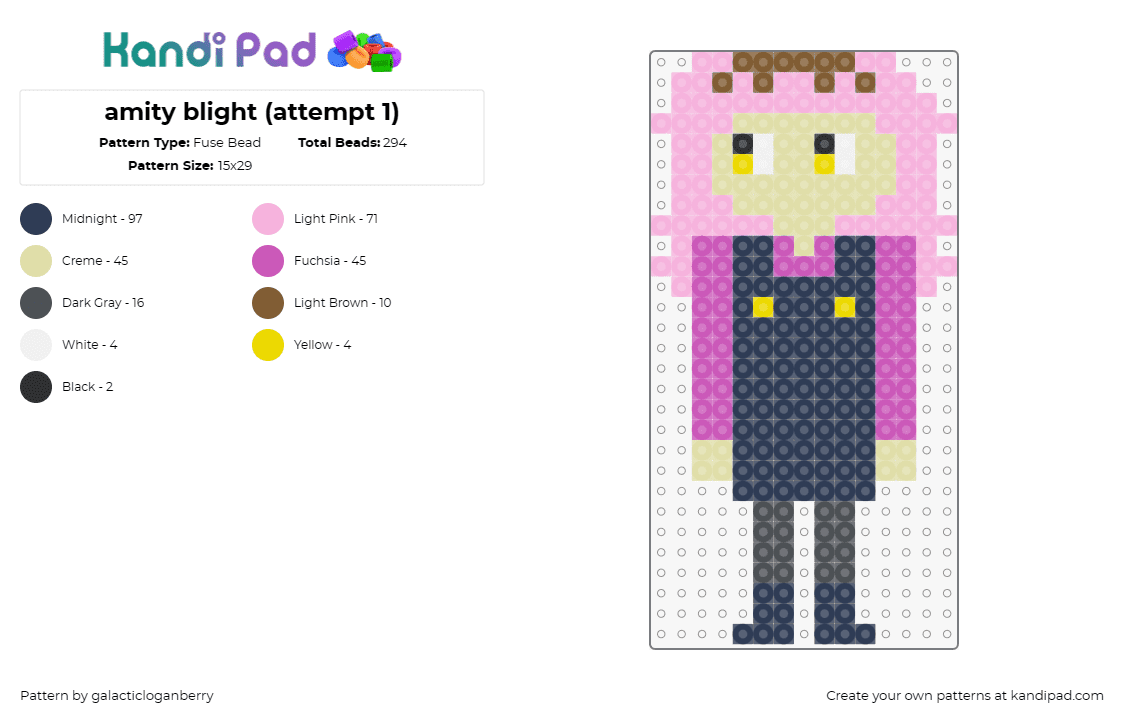 amity blight (attempt 1) - Fuse Bead Pattern by galacticloganberry on Kandi Pad - amity blight,owl house,disney,character,fantasy,tv show,pink,blue