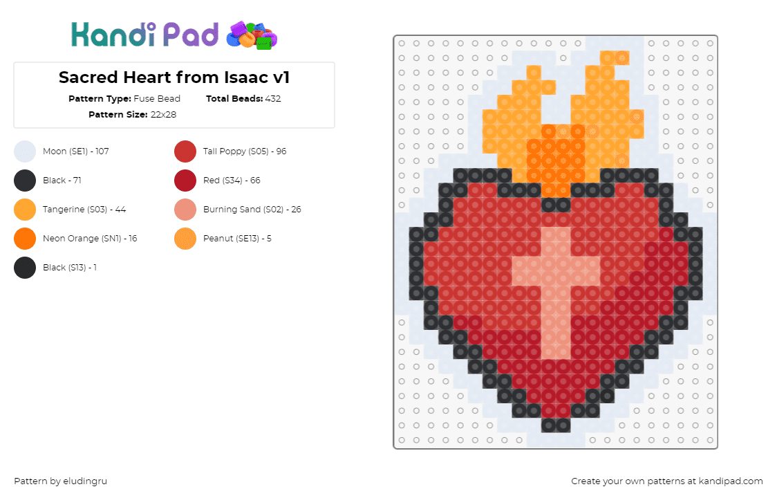 Sacred Heart from Isaac v1 - Fuse Bead Pattern by eludingru on Kandi Pad - sacred heart,binding of isaac,flame,fiery,cross,video game,red,orange