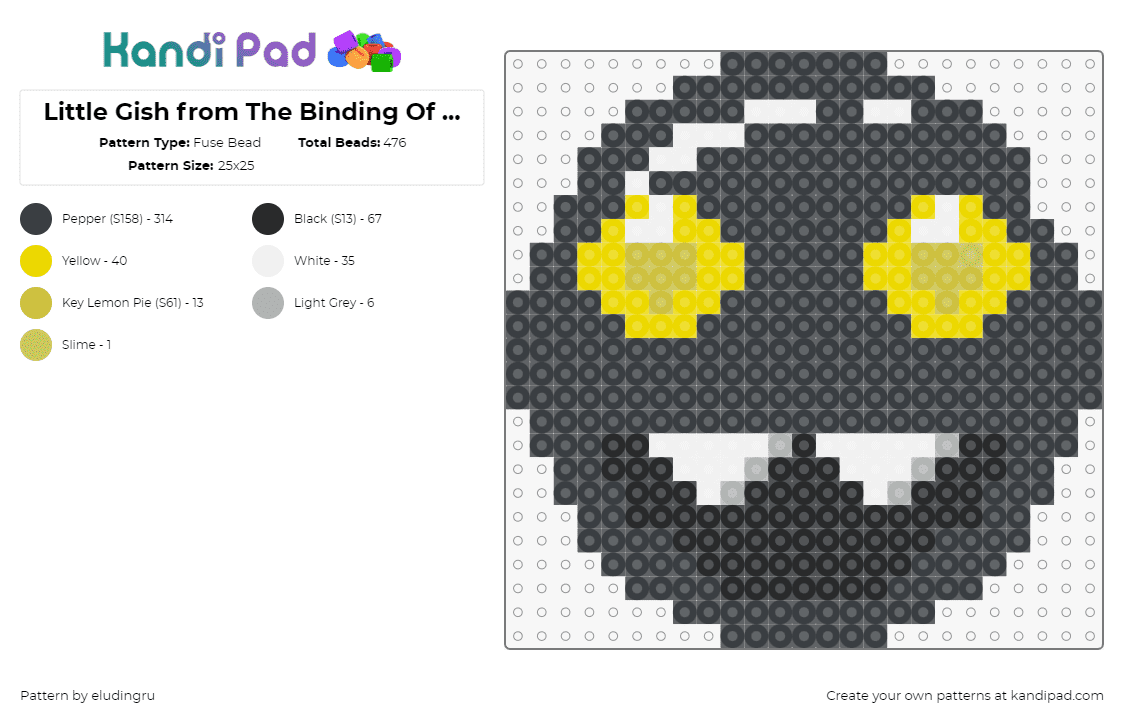 Little Gish from The Binding Of Isaac - Fuse Bead Pattern by eludingru on Kandi Pad - little gish,binding of isaac,character,video game,head,face,smile,gray,yellow