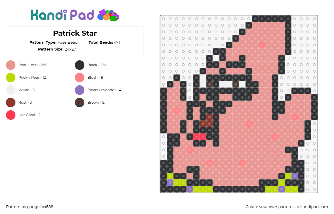 Patrick Star - Fuse Bead Pattern by gangelica588 on Kandi Pad - patrick,spongebob squarepants,starfish,nickelodeon,cartoon,character,silly,tv sh