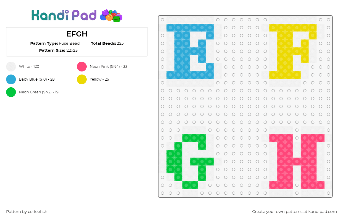 EFGH - Fuse Bead Pattern by coffeefish on Kandi Pad - alphabet,text,letters,colorful,light blue,yellow,green,pink