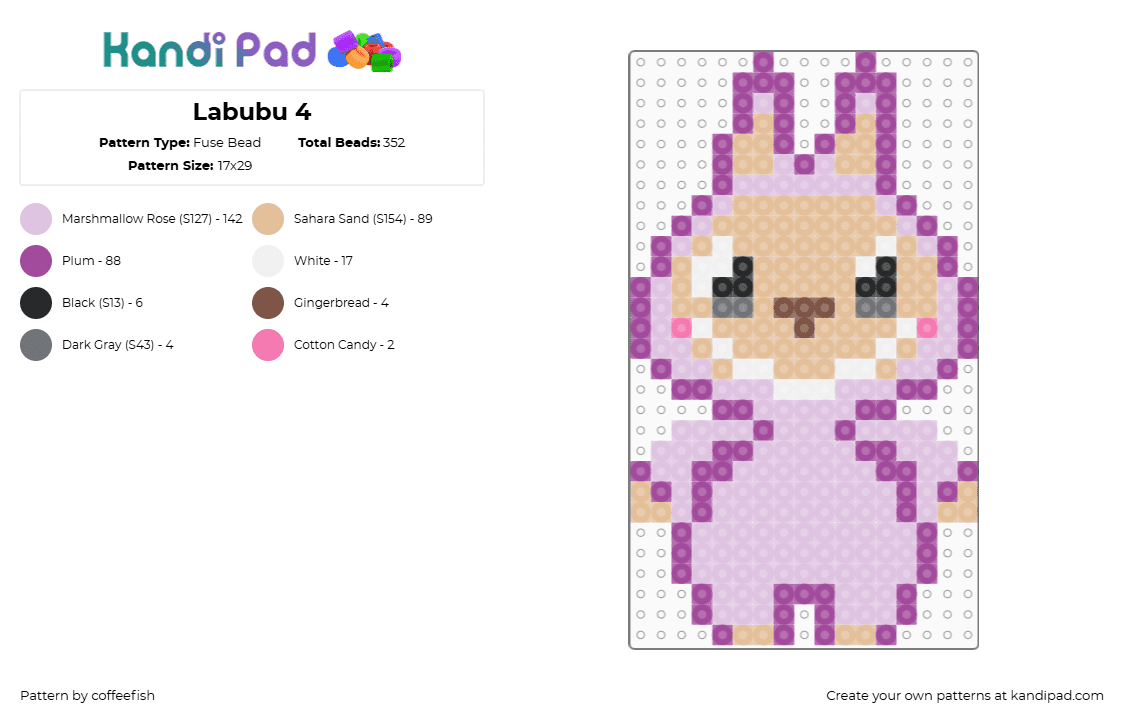 Labubu 4 - Fuse Bead Pattern by coffeefish on Kandi Pad - labubu,monster,bunny,plush,character,toy,creepy,purple,tan